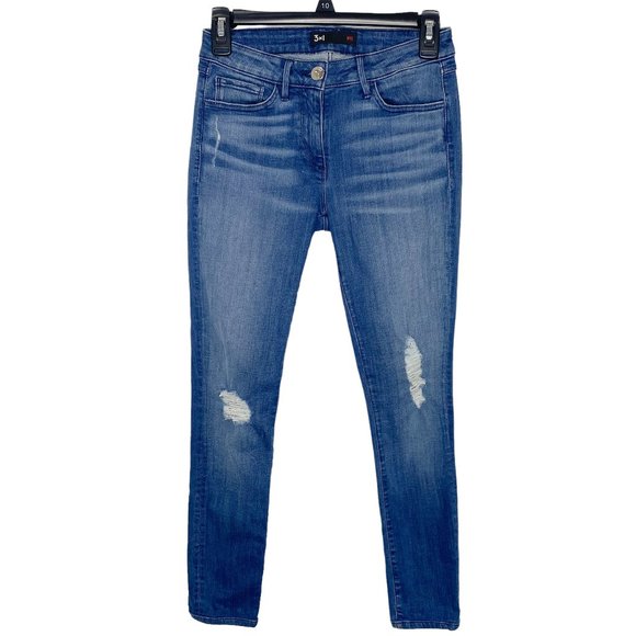 3X1 NYC W2 Distressed Mid-Rise Skinny Jeans in Crete Dark Wash Denim Size 24 - Picture 2 of 14